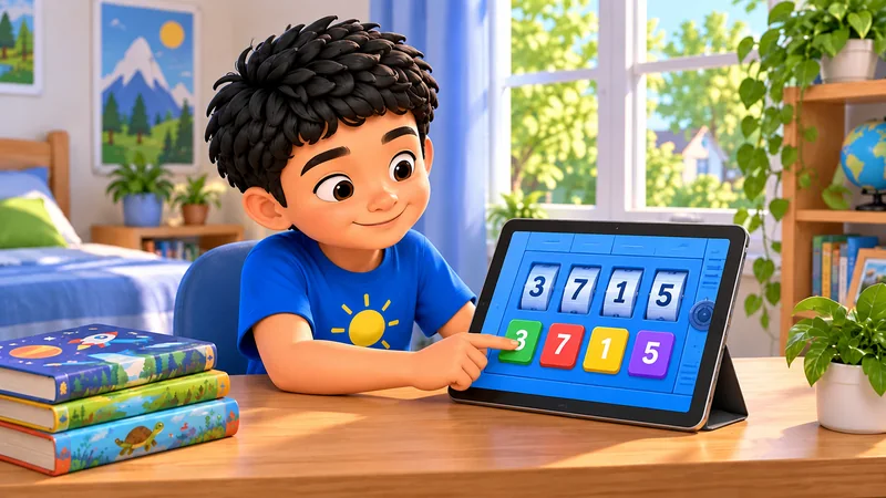Marvin matches numbers in a locker game on his tablet.