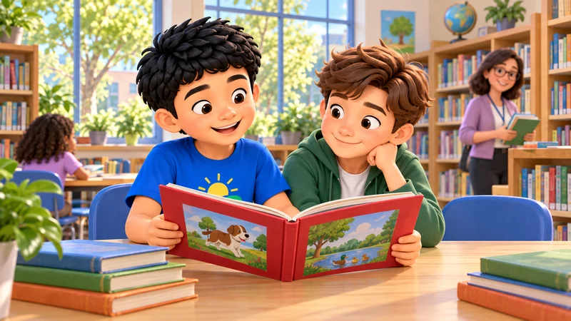 Marvin and his friend read a red book together at the library.