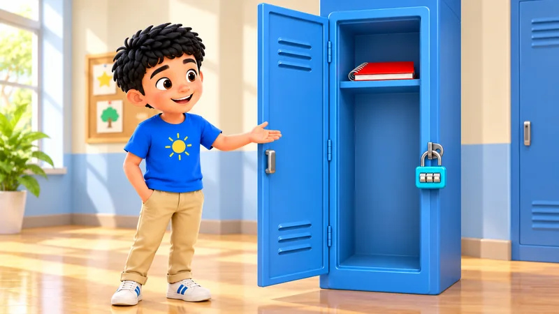 Marvin beside a blue school locker and its three-number lock.