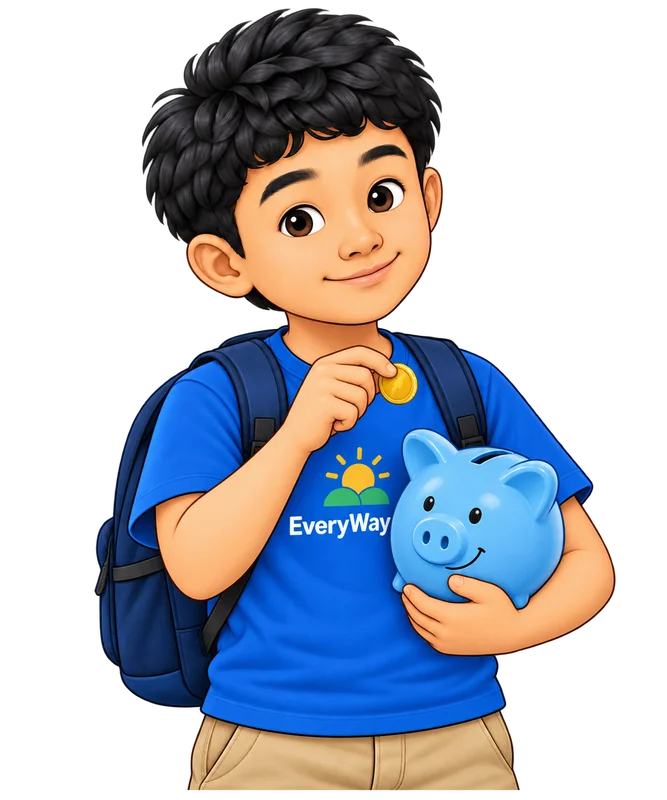 Marvin holding a piggy bank and a coin