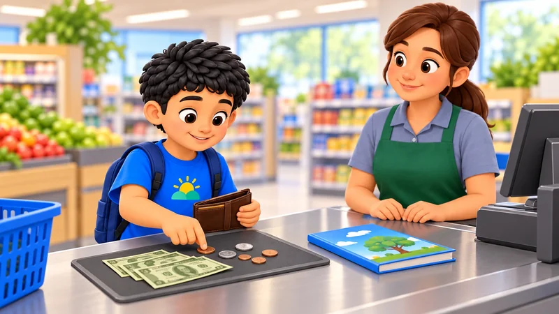 Marvin chooses bills and coins from his wallet to pay for a book at checkout.