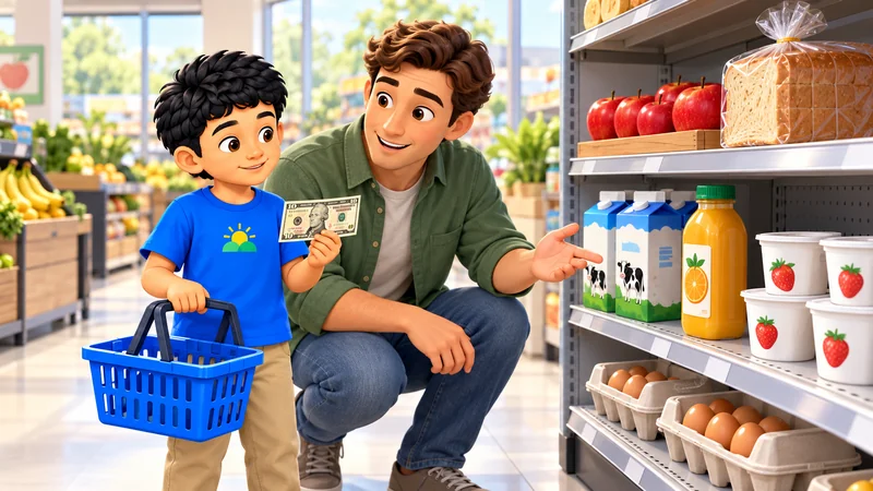 Marvin and his father compare a ten-dollar bill with supermarket goods.