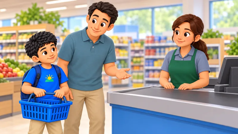 Marvin looks to his father for support at a supermarket checkout.