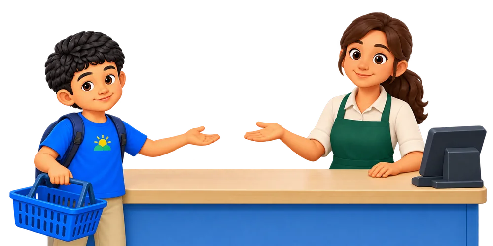 Marvin reaches toward the cashier at the counter, holding his blue basket