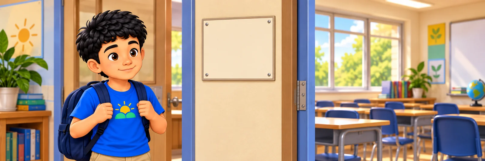 Marvin waits outside his classroom.
