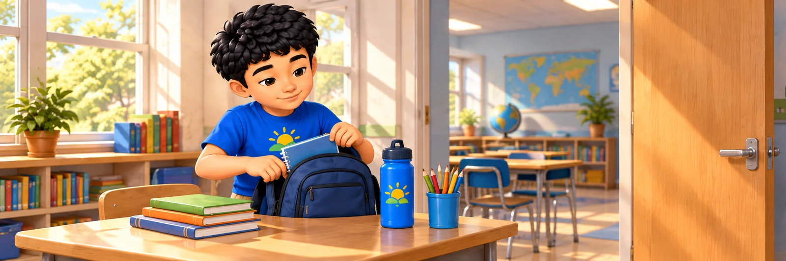 Marvin gets his backpack ready for class.
